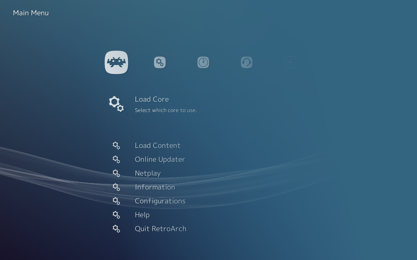 RetroArch menu strip with Load Core highlighted