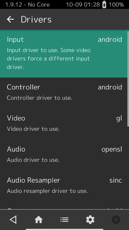 Drivers list using Android input, GL video and OpenSL audio