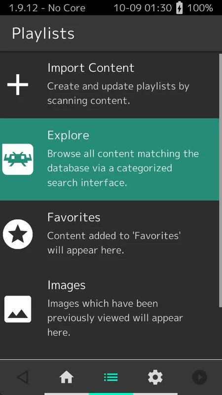 Playlists with Import Content, Explore, Favorites and Images
