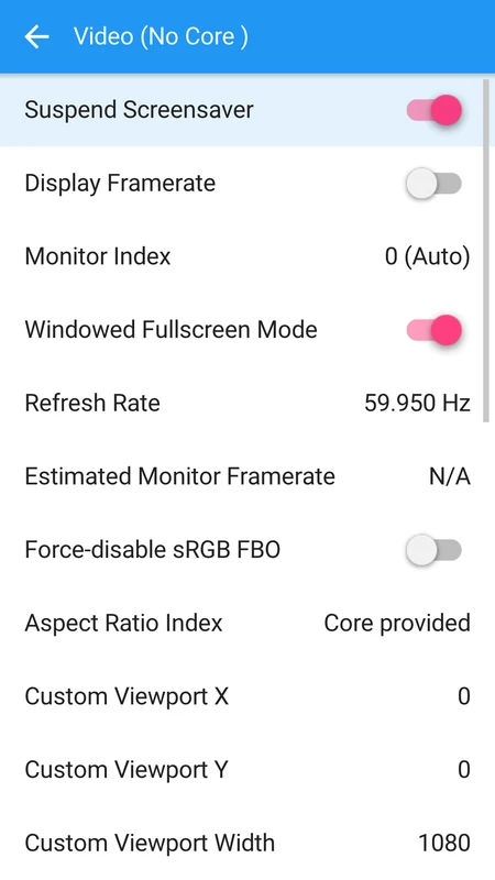 Video settings with 59.95 Hz refresh and custom viewport
